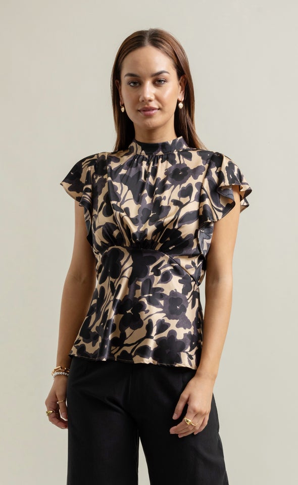 Satin High Neck Flutter Top Gold/black