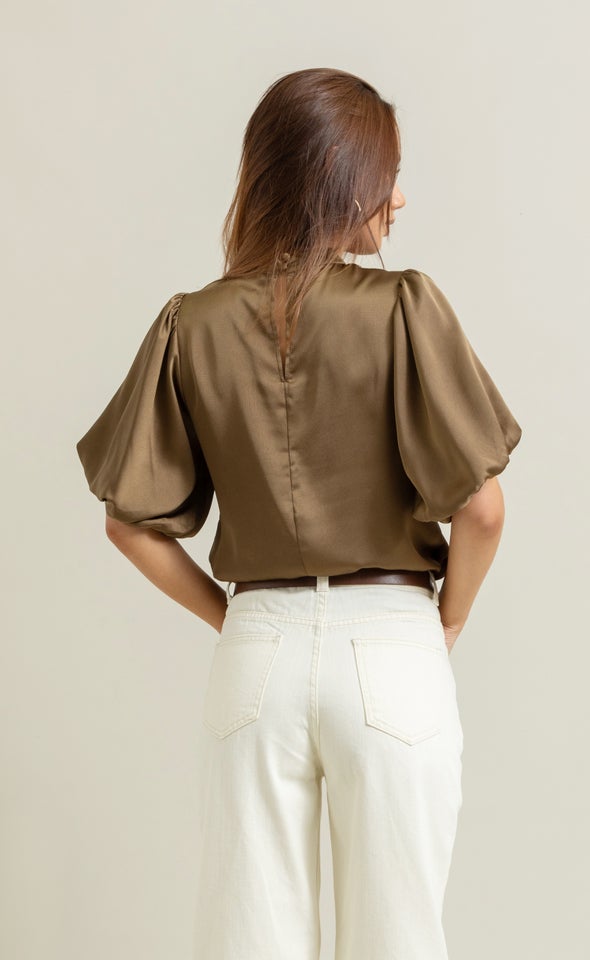 Satin High Neck Puff Sleeve Top Khaki