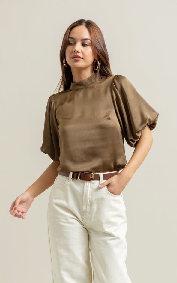 Satin High Neck Puff Sleeve Top Khaki