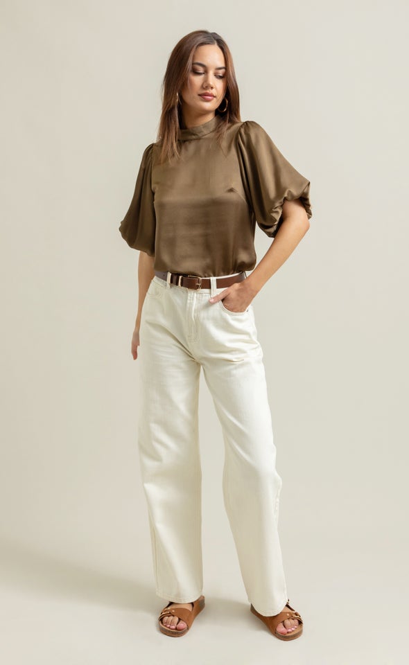 Satin High Neck Puff Sleeve Top Khaki