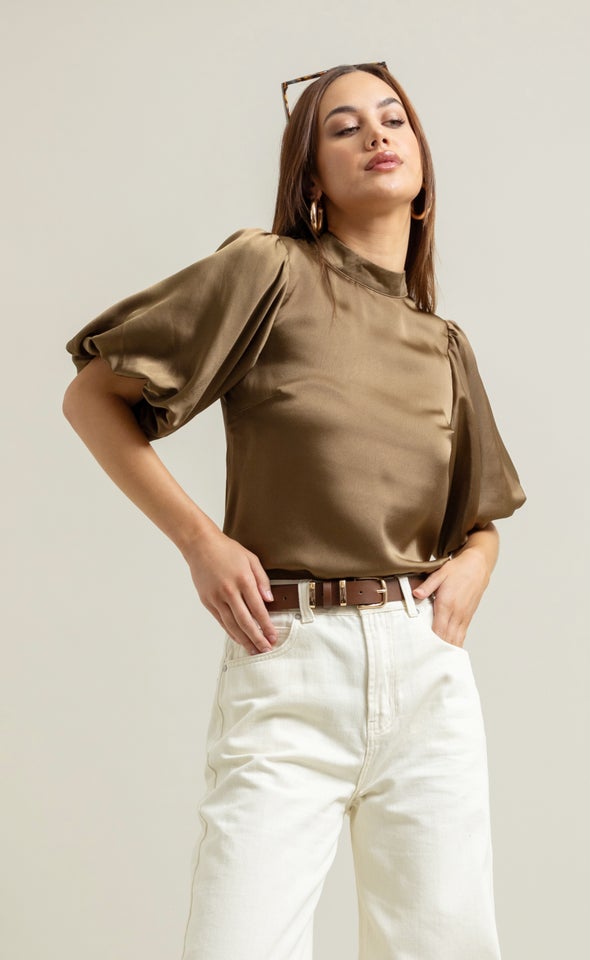 Satin High Neck Puff Sleeve Top Khaki