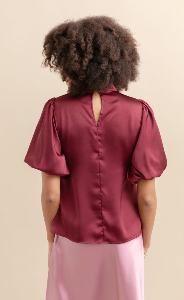 Satin High Neck Puff Sleeve Top Maroon