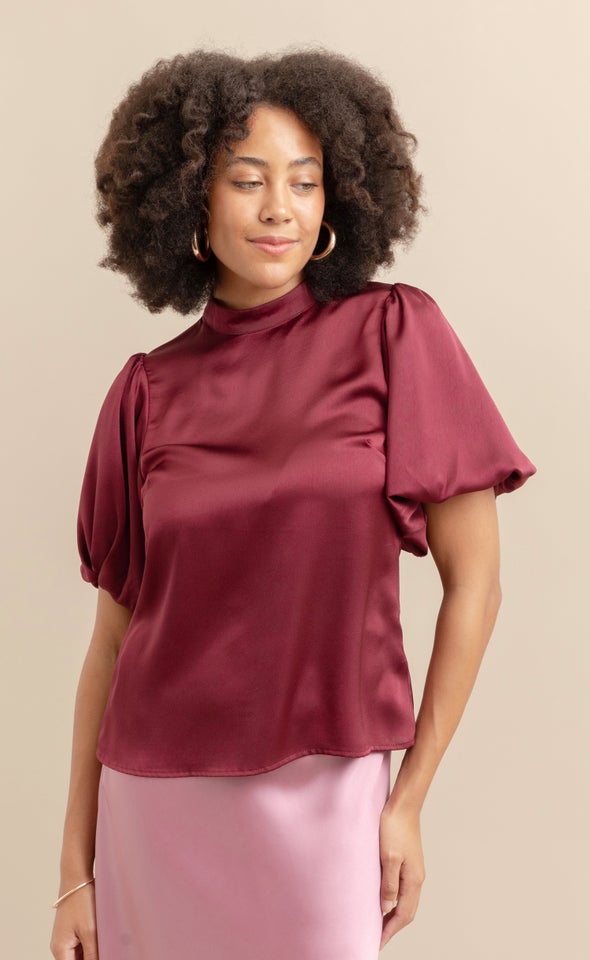 Satin High Neck Puff Sleeve Top Maroon