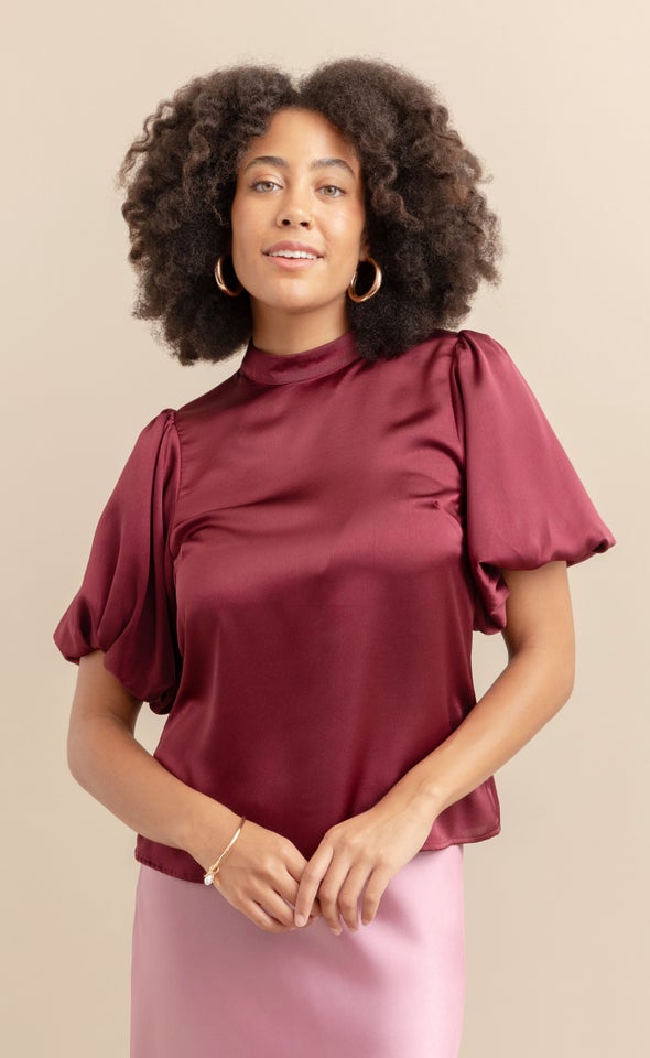 Satin High Neck Puff Sleeve Top Maroon