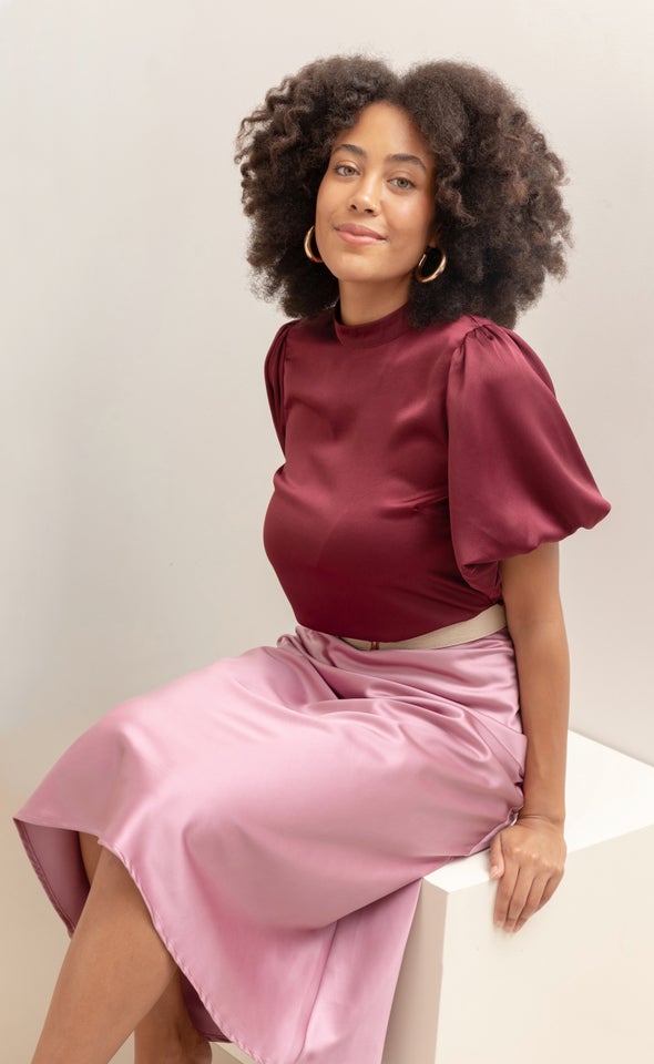 Satin High Neck Puff Sleeve Top Maroon