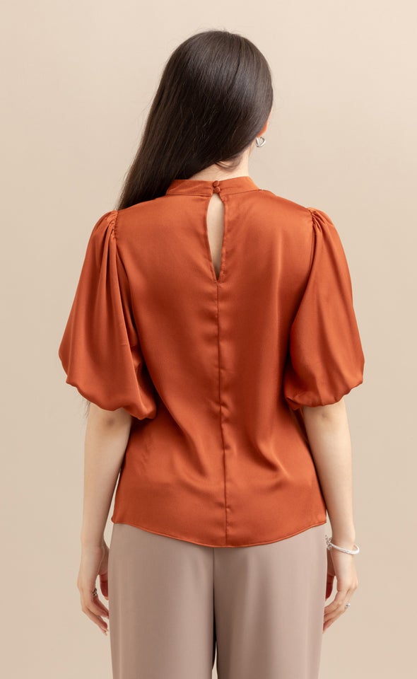 Satin High Neck Puff Sleeve Top Rust