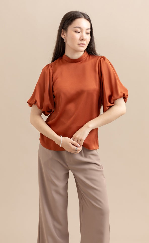 Satin High Neck Puff Sleeve Top Rust