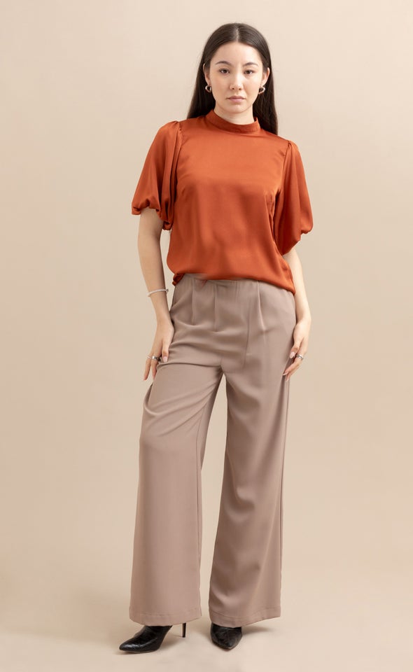 Satin High Neck Puff Sleeve Top Rust