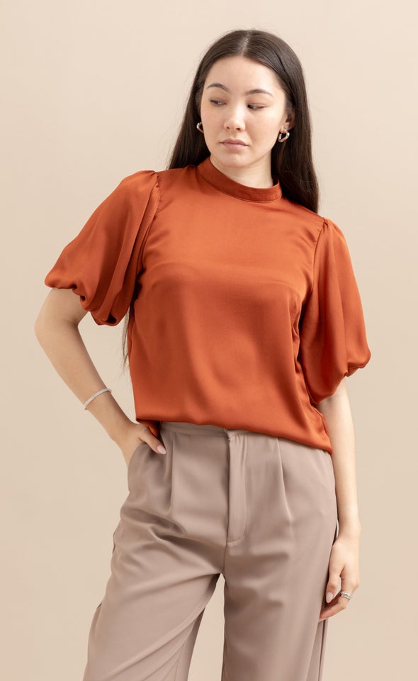 Satin High Neck Puff Sleeve Top Rust