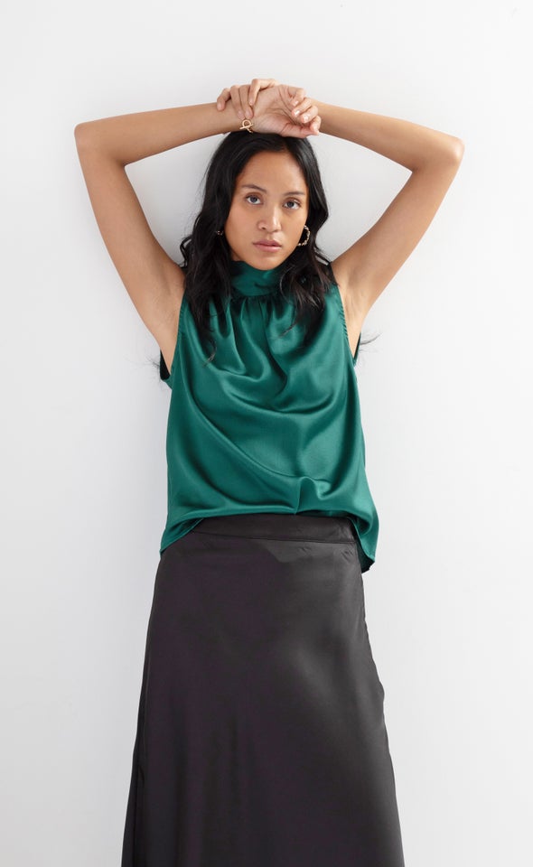 Satin High Neck Shell Top Emerald