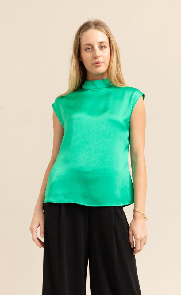 Satin High Neck Shell Top Green