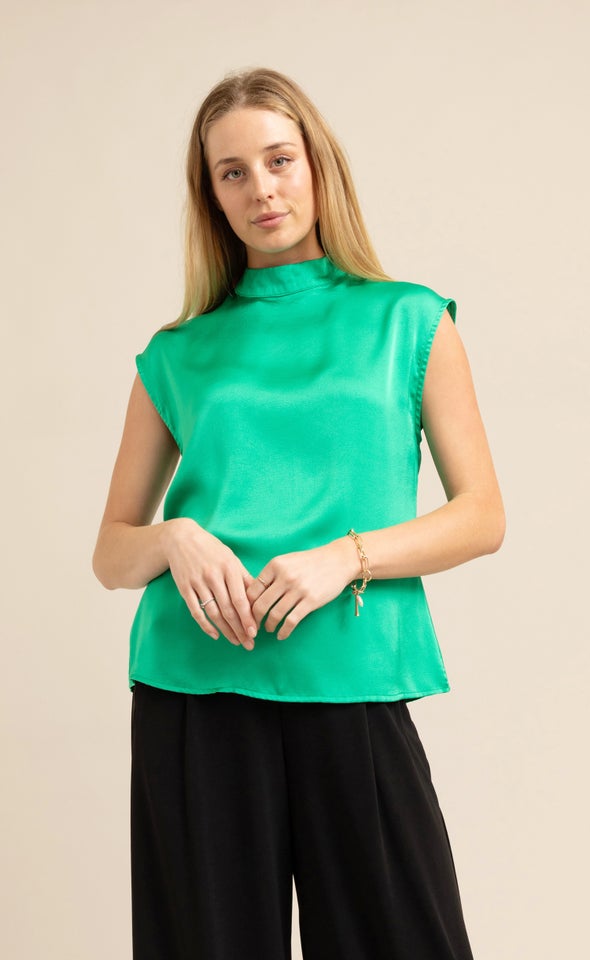 Satin High Neck Shell Top Green