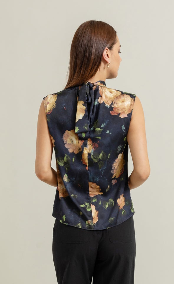 Satin High Neck Shell Top Navy/floral