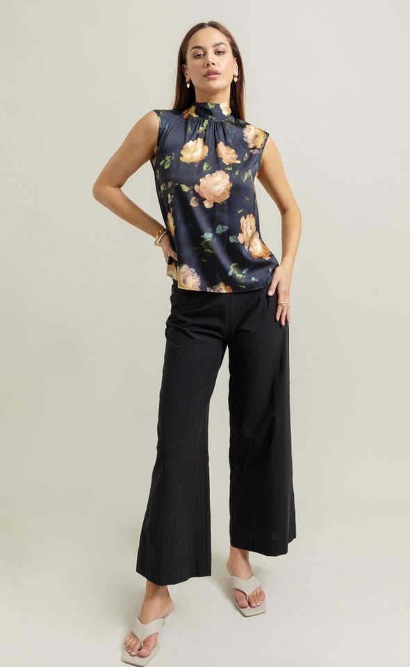 Satin High Neck Shell Top Navy/floral