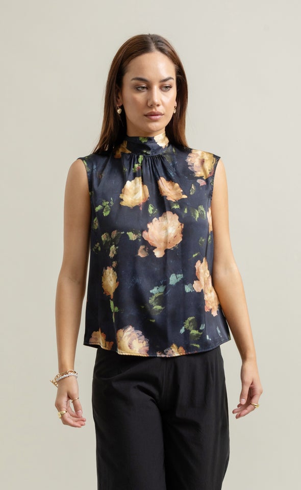 Satin High Neck Shell Top Navy/floral