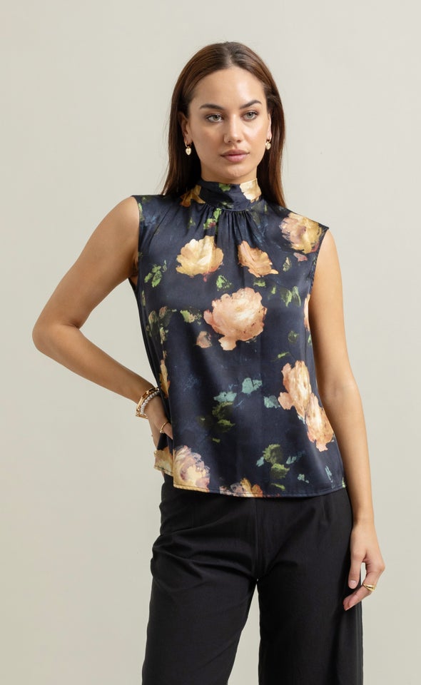 Satin High Neck Shell Top Navy/floral