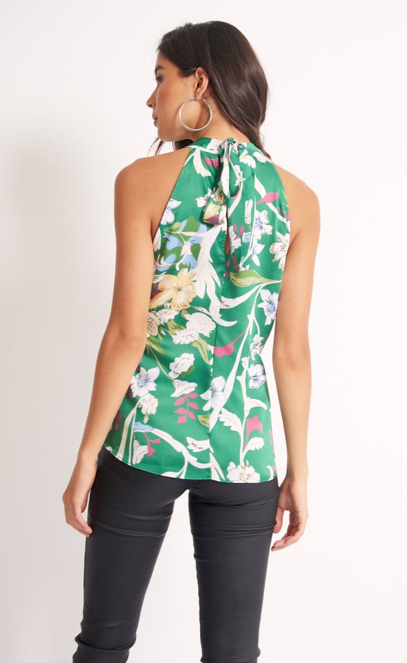 Satin High Neck Tie Top Green/floral