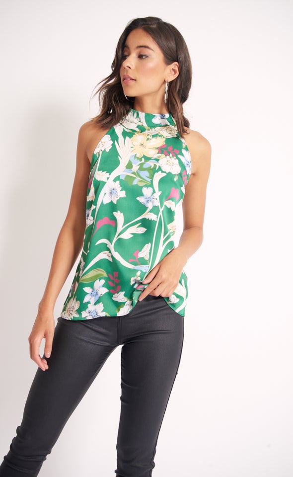 Satin High Neck Tie Top Green/floral