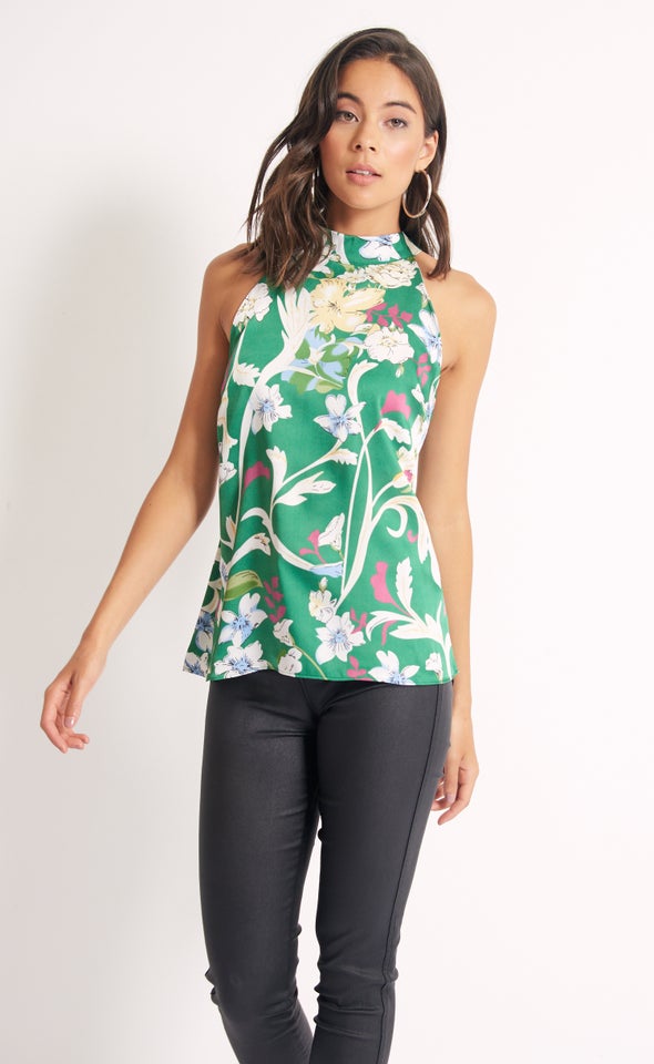 Satin High Neck Tie Top Green/floral