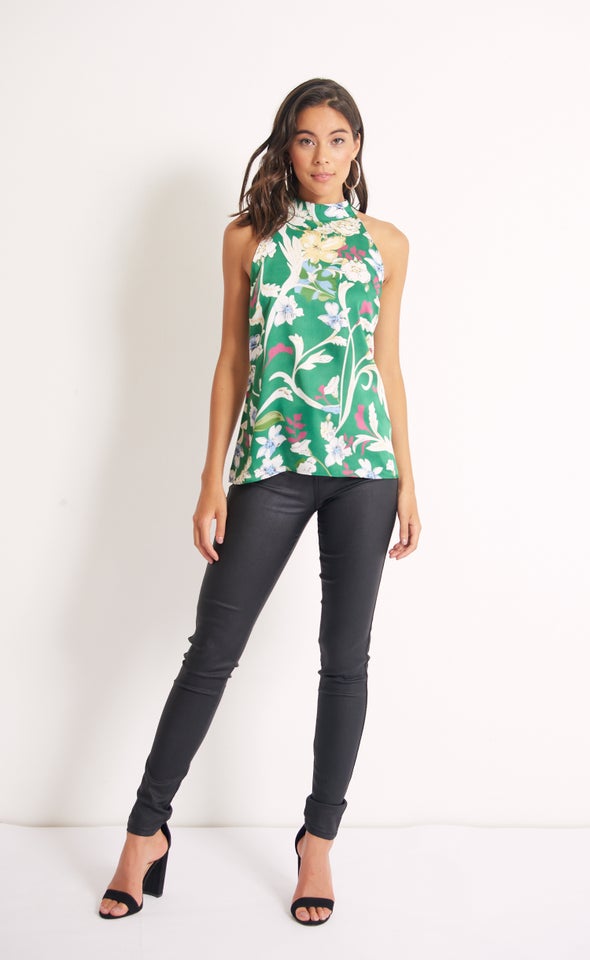Satin High Neck Tie Top Green/floral