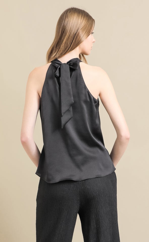 Satin Keyhole Detail Halter Top Black