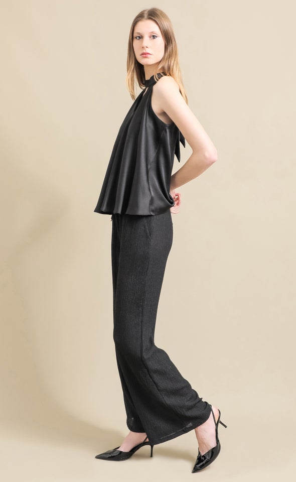 Satin Keyhole Detail Halter Top Black