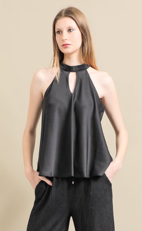 Satin Keyhole Detail Halter Top Black