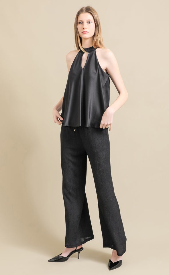 Satin Keyhole Detail Halter Top Black