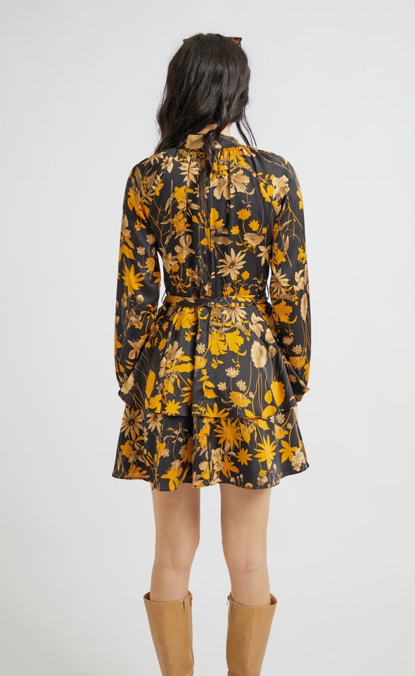 Satin Layered Skirt LS Dress Black/ochre