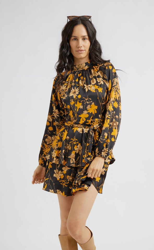 Satin Layered Skirt LS Dress Black/ochre