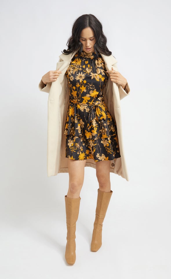 Satin Layered Skirt LS Dress Black/ochre