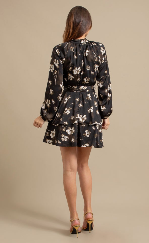 Satin Layered Skirt LS Dress Black/olive Floral