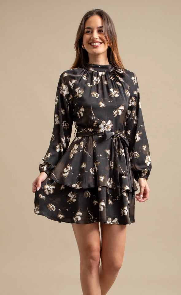 Satin Layered Skirt LS Dress Black/olive Floral