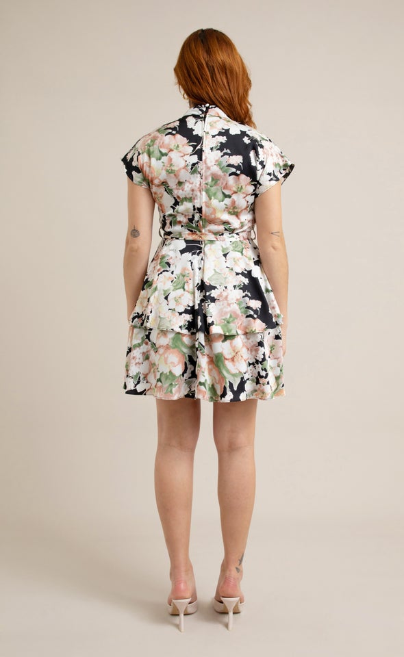 Satin Layered Skirt SS Dress Black/floral