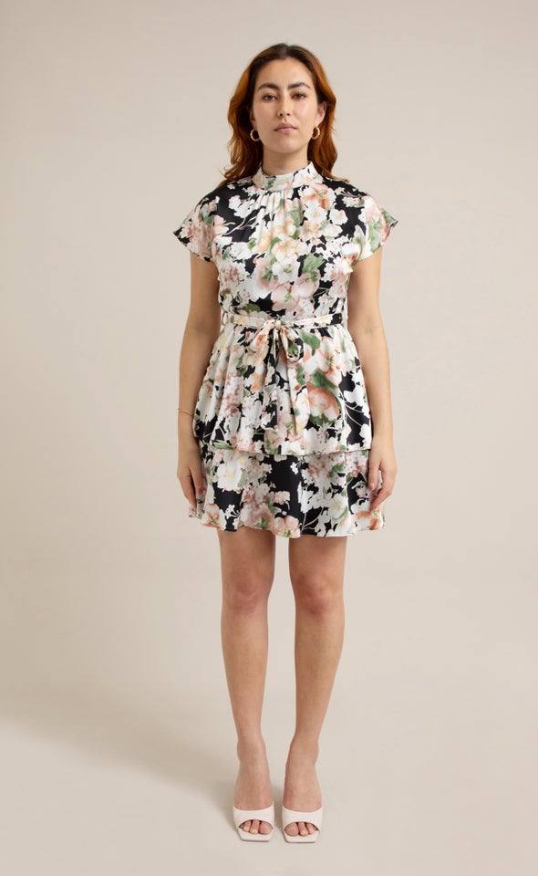Satin Layered Skirt SS Dress Black/floral