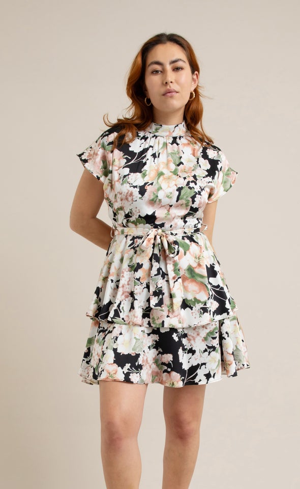 Satin Layered Skirt SS Dress Black/floral