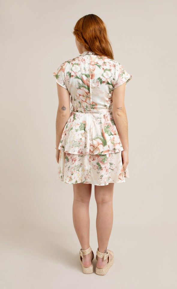 Satin Layered Skirt SS Dress Blush/floral