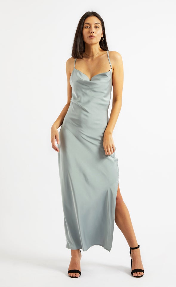 Satin Low Back Slip Gown Silver