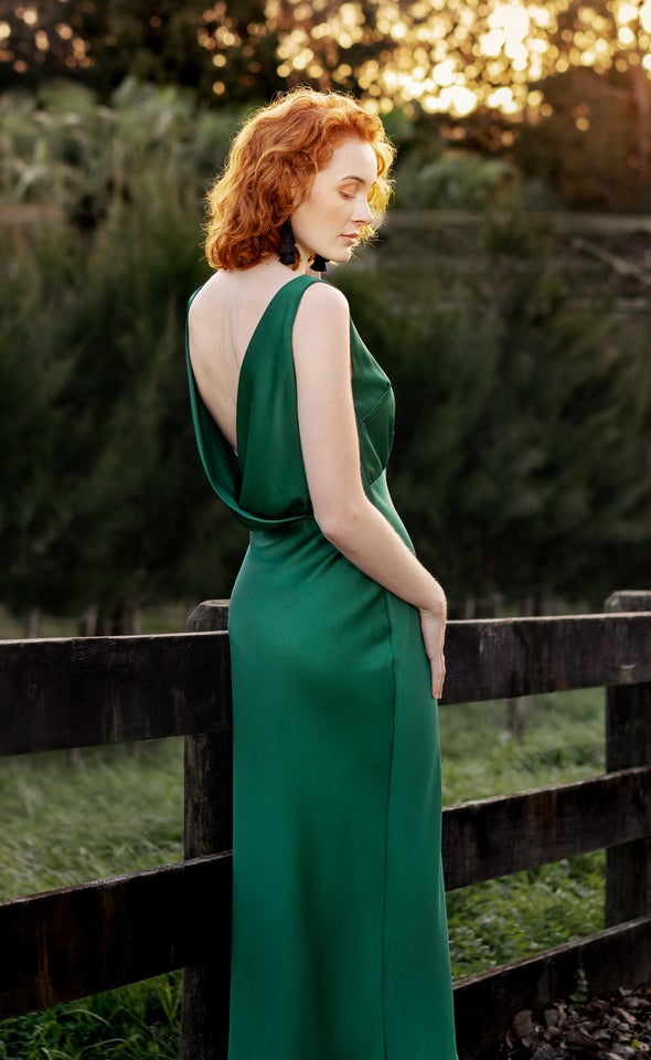 Satin Low Cowl Back Bias Gown Forest Green