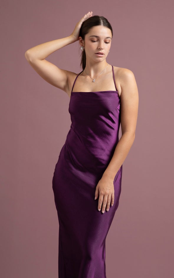Satin Low Cross Back Gown Aubergine