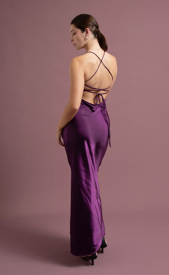 Satin Low Cross Back Gown Aubergine