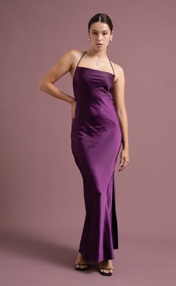 Satin Low Cross Back Gown Aubergine