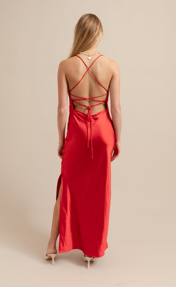 Satin Low Cross Back Gown Bright Red