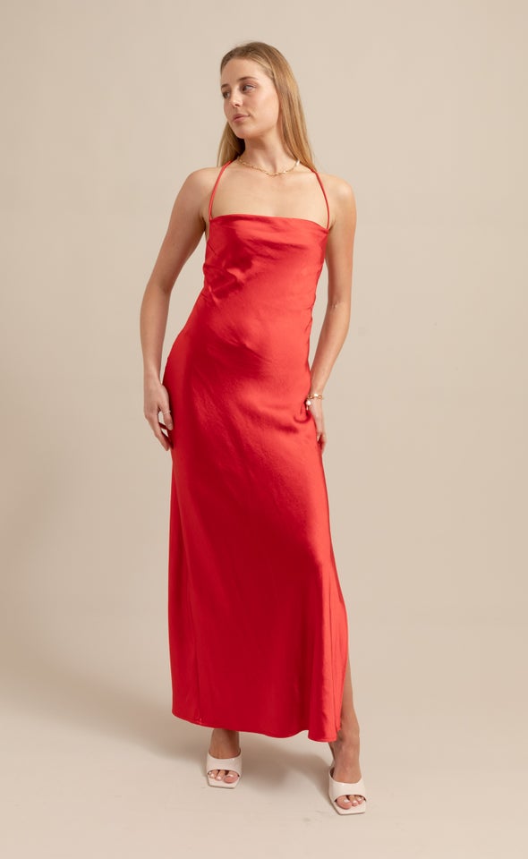 Satin Low Cross Back Gown Bright Red