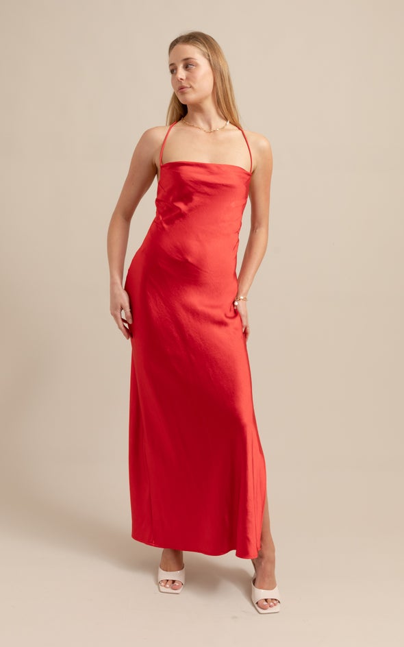 Satin Low Cross Back Gown Bright Red
