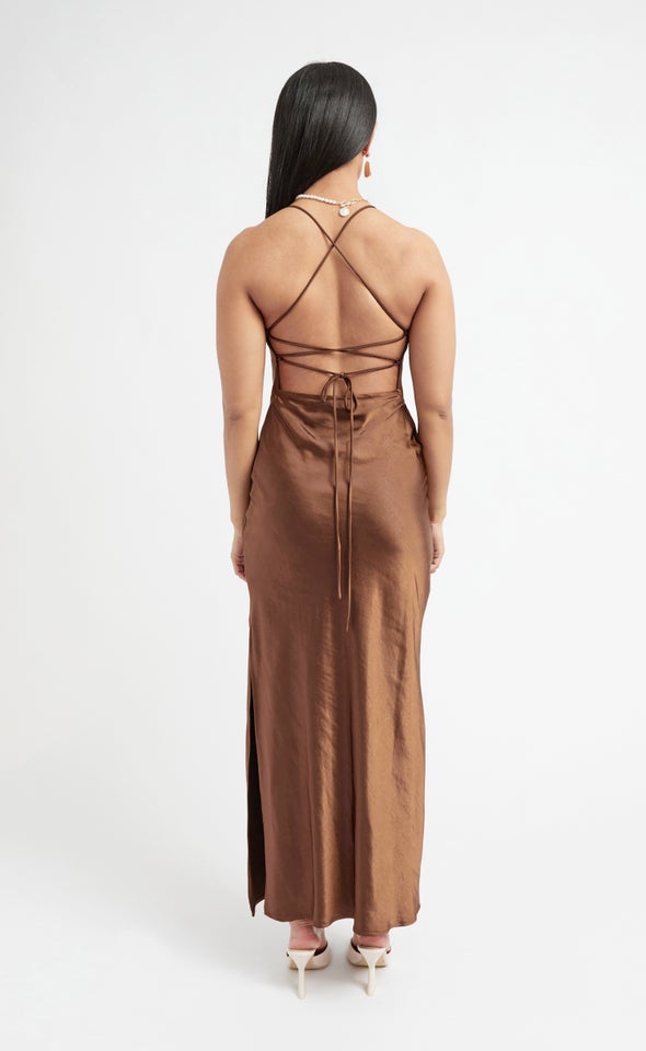 Satin Low Cross Back Gown Chocolate