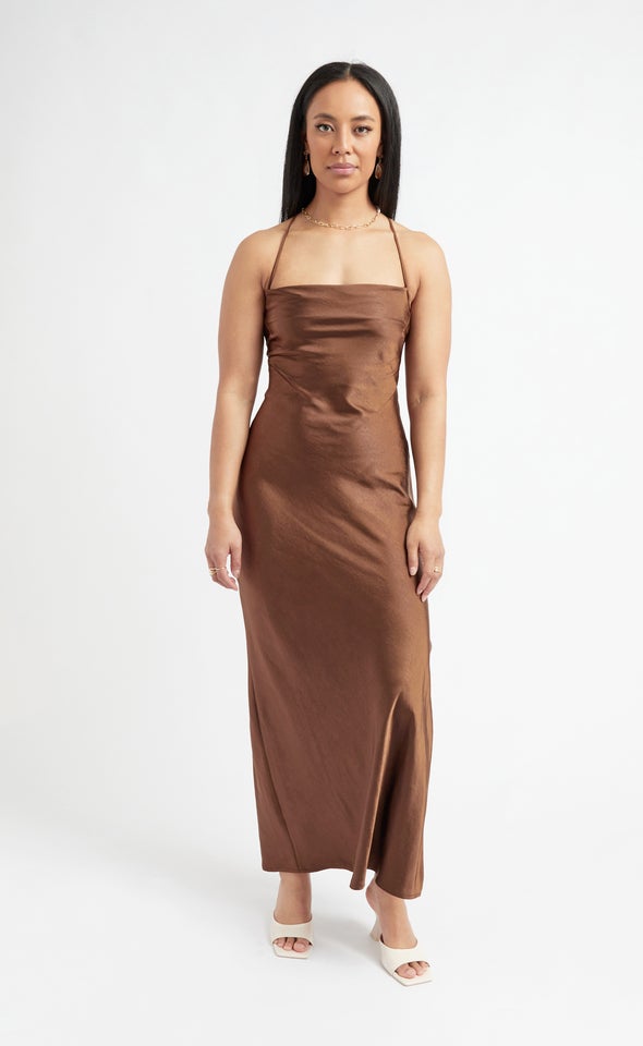 Satin Low Cross Back Gown Chocolate