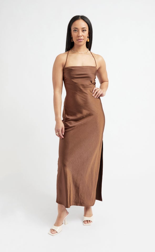 Satin Low Cross Back Gown Chocolate