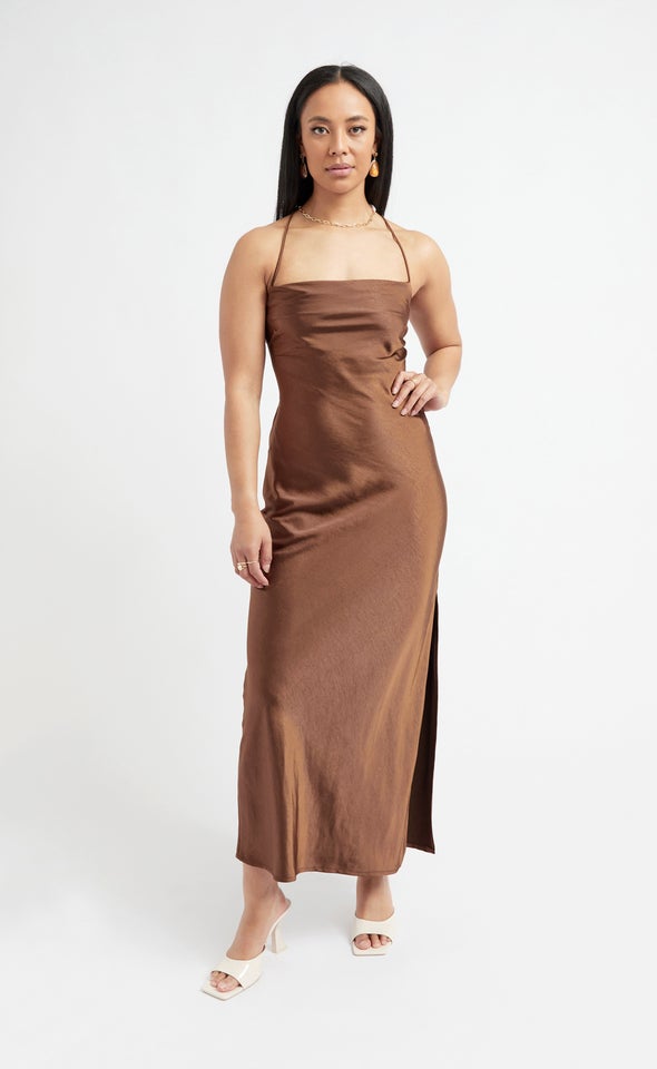 Satin Low Cross Back Gown Chocolate