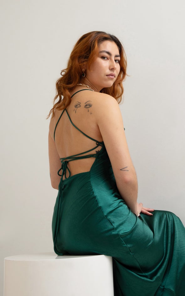 Satin Low Cross Back Gown Forest Green